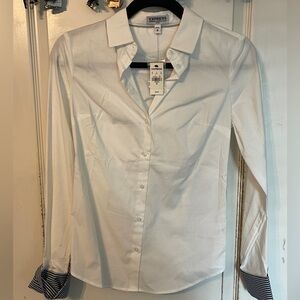 Brand new with tags express white collared button down with blue cuffs, size xs